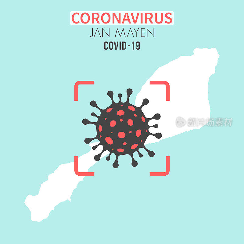 Jan Mayen地图，红色取景器中有冠状病毒细胞(COVID-19)